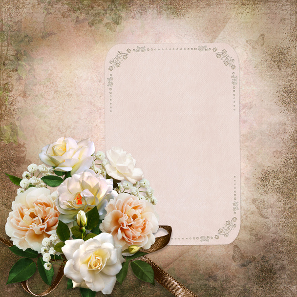 Vintage background with roses and a card with space for text or photo - Φωτογραφία, εικόνα