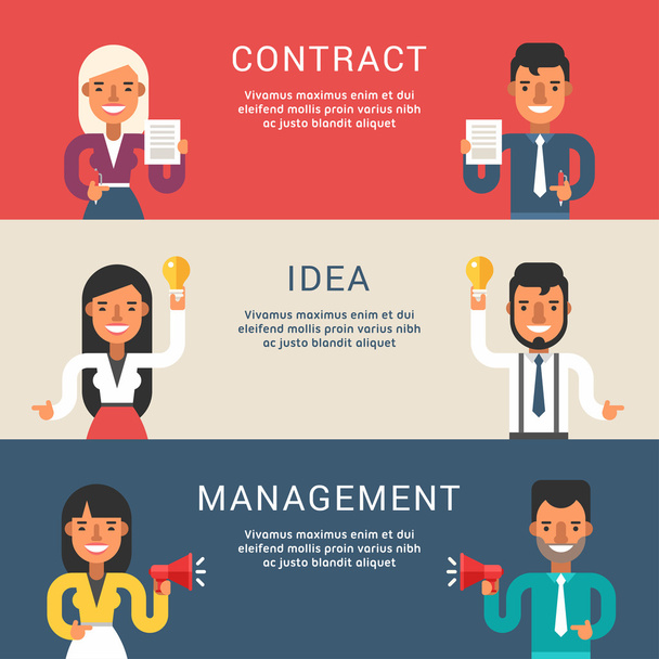 Set of Business Concepts for Web Banners with Cartoon Businessman Character. Contract, Idea, Management. Vector Illustration in Flat Design Style - ベクター画像