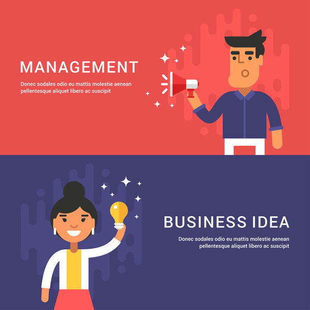 Managment and Business Idea Concepts. Male and Female Cartoon Characters. Set of Web Banners. Flat Style Vector Illustrations - Вектор,изображение