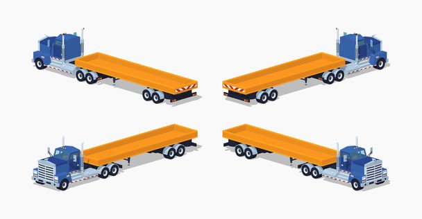 Nízké poly modré těžkých nákladních automobilů a tahačů s žlutou otevřenou platformou - Vektor, obrázek