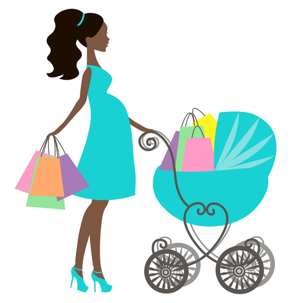 vector van moderne zwangere mama met vintage baby vervoer, online winkel, logo, silhouet, verkoop pictogram op witte achtergrond, African American Girl winkels, zwarte vrouw winkelen - Vector, afbeelding