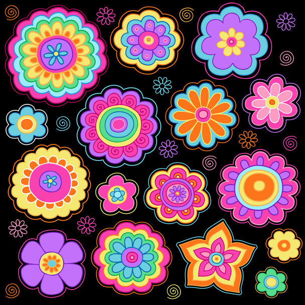 Flower Power Doodles Groovy pszichedelikus virágok vektor készlet - Vektor, kép