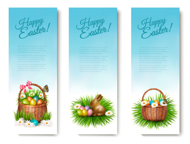 Three Happy Easter banners with Easter eggs in a basket. Vector. - ベクター画像
