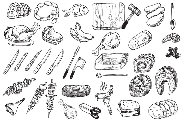 mão desenhar comida açougueiro coleção
 - Vetor, Imagem