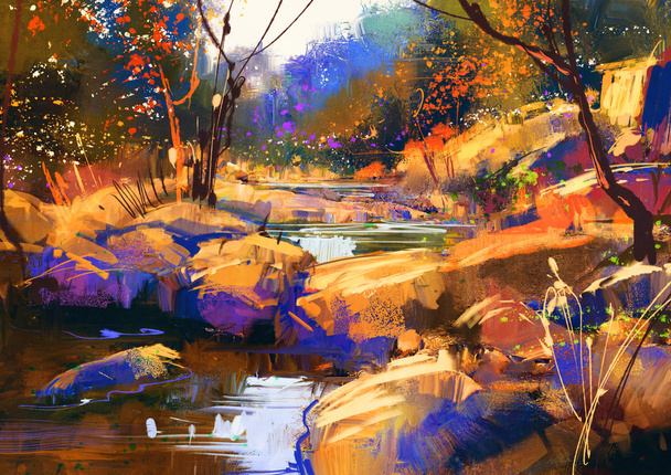 güzel sonbahar river çizgiler sonbahar ormandaki renkli taşlarla - Fotoğraf, Görsel