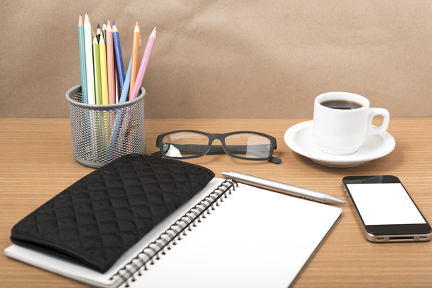office desk : coffee with phone,notepad,eyeglasses,wallet,color  - Φωτογραφία, εικόνα