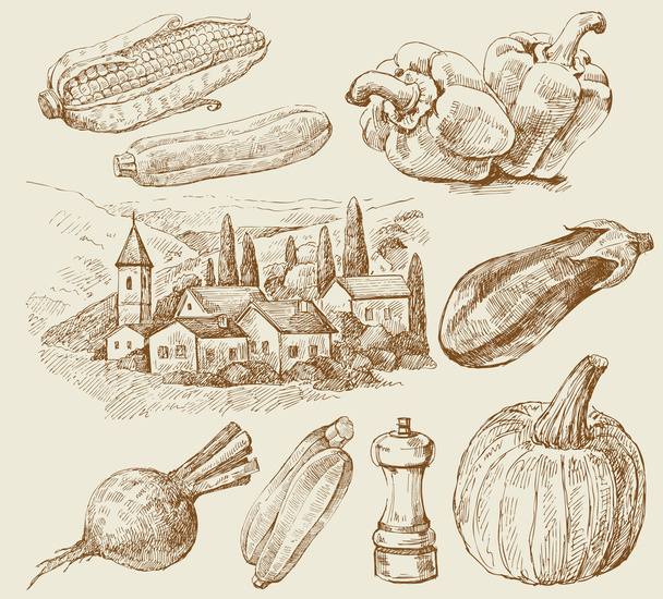 Village houses sketch with food - Διάνυσμα, εικόνα