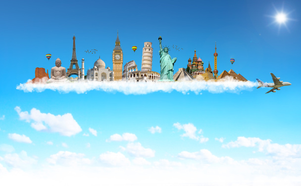 Famous monuments of the world behind a plane in blue sky - Photo, Image