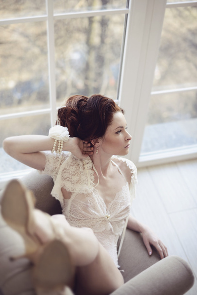brunette woman in white lingerie - Foto, Bild