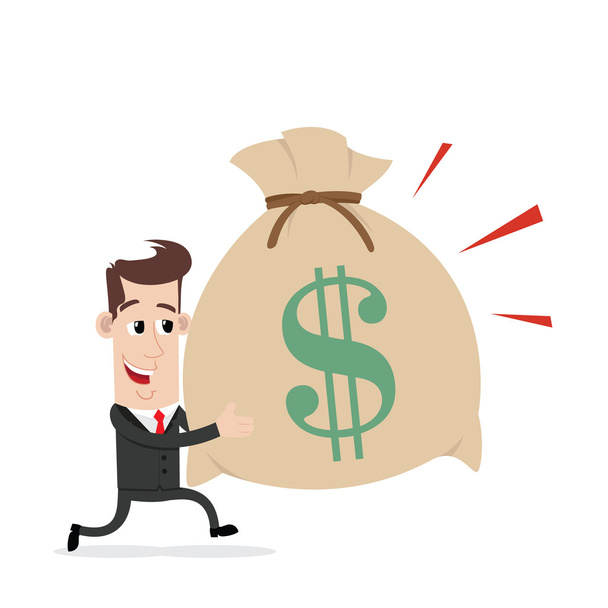 Businessman running and carrying bag of money - Vector, Image