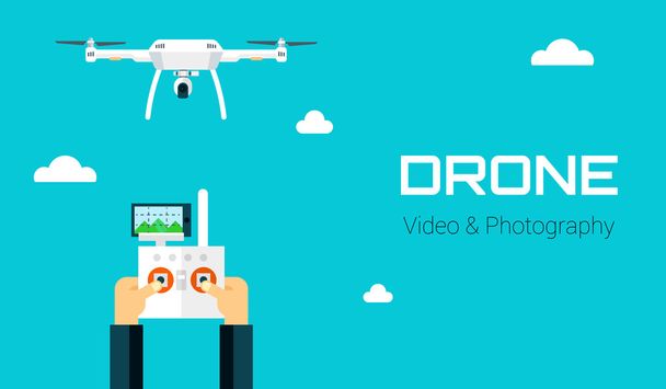 Remote aerial drone with a camera taking photography or video recording . Vector art on isolated background. Flat design. - Vektor, Bild