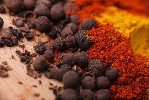 Closeup of spices composition, anise, cinnamon, paprica, curry, pepper - Foto, Imagen