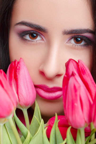 woman with  tulip bouquet - Zdjęcie, obraz
