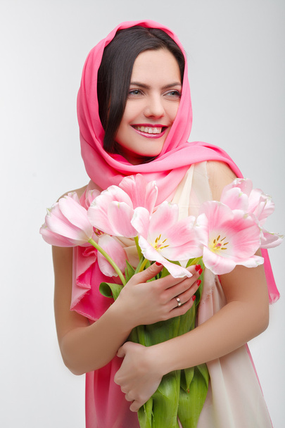 woman with  tulip bouquet - Foto, imagen