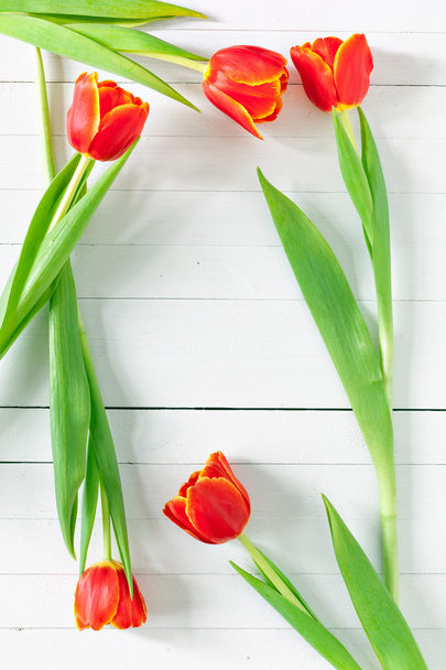Colorido ramo de tulipanes y tarjeta de felicitación en blanco. Vista superior sobre mesa de madera blanca
 - Foto, imagen