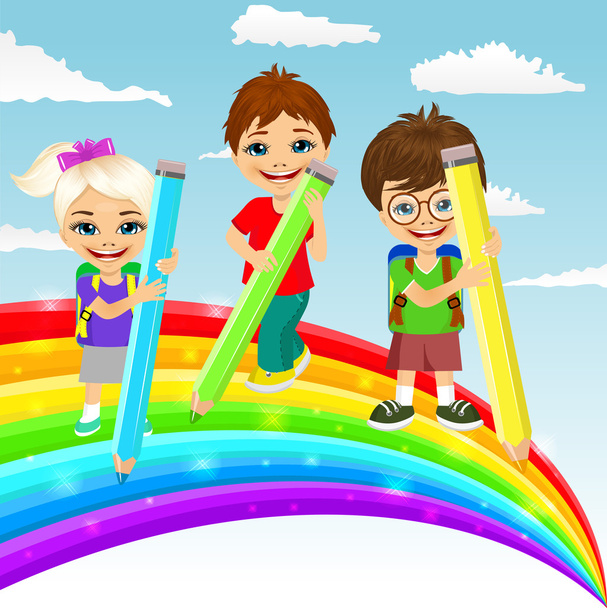 três crianças pequenas desenhando arco-íris
 - Vetor, Imagem