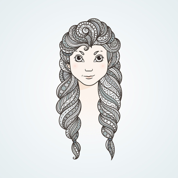Portrait of a cute long-haired girl with braids and a stern look - Vektor, kép