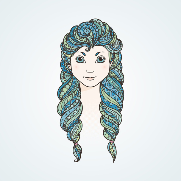 Portrait of a cute long-haired girl with braids and a stern look - Vektor, kép