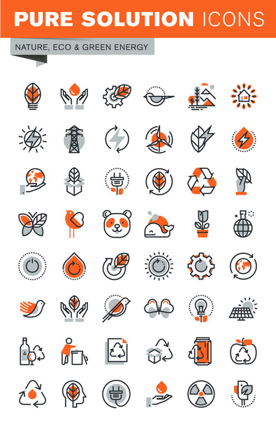 Set of thin line icons of environment, green energy, biodegradable materials, nature protection, recycling - Vector, Image