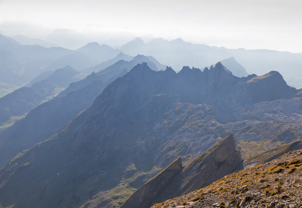 Vuoren huippu usvassa huntu, Sveitsi
 - Valokuva, kuva