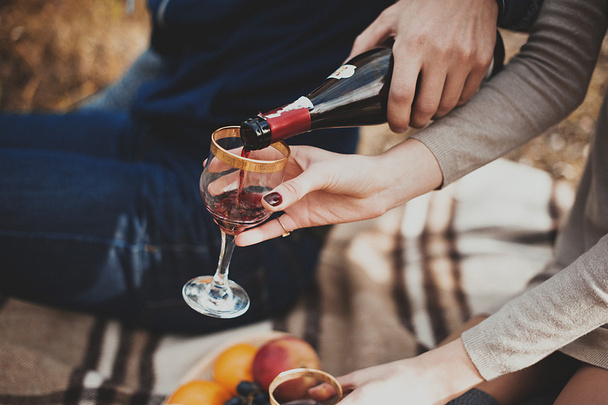 Love-story picnick. Drinking wine - Zdjęcie, obraz