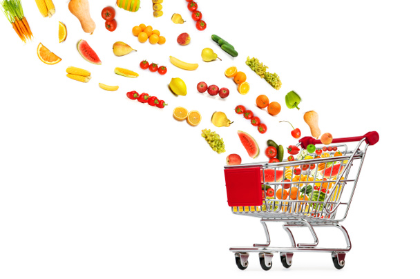 Food products flying out of shopping cart - Φωτογραφία, εικόνα