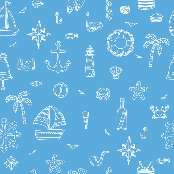 Cute hand drawn seamless pattern with nautical elements. Nautica - Vetor, Imagem