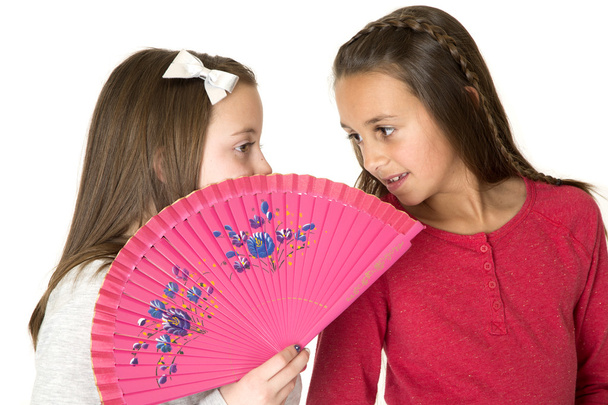 Two beautiful girls talking behind oriental fan whisper playing - Zdjęcie, obraz