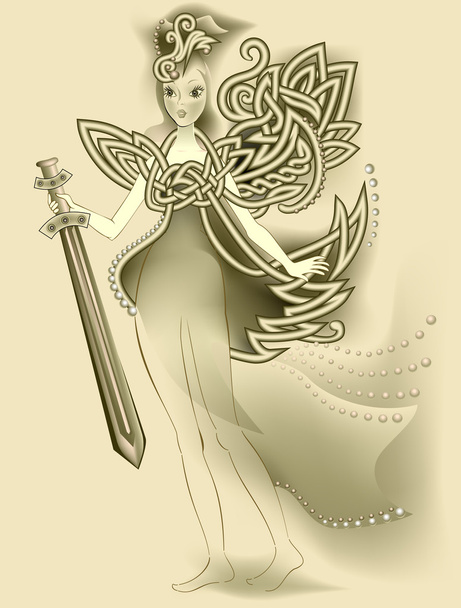 Εικονογράφηση του μαγική νεράιδα Σέλτικ που κρατάει ένα σπαθί. - Διάνυσμα, εικόνα