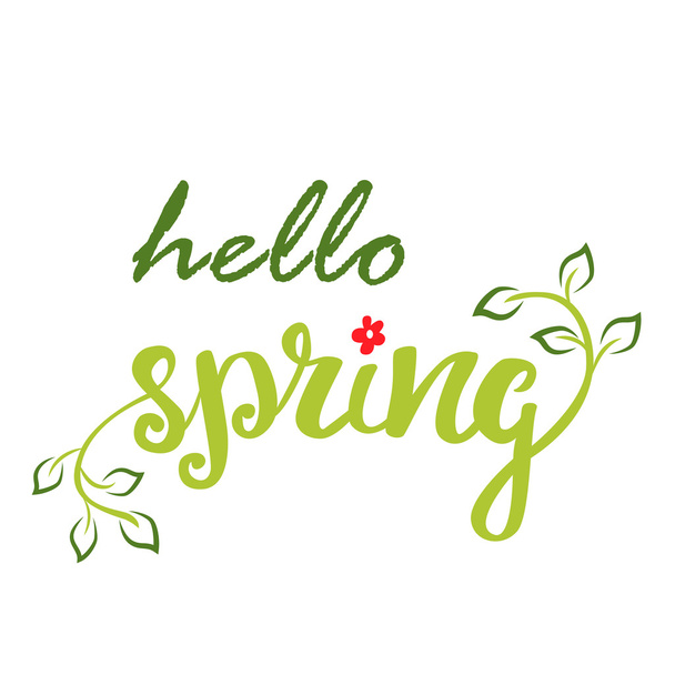 Hello Spring. Hand lettering, calligraphy inscription with spring leaves. - Vektori, kuva