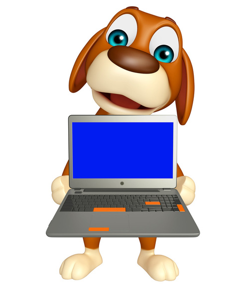 ノート パソコンをかわいい犬漫画のキャラクター - 写真・画像