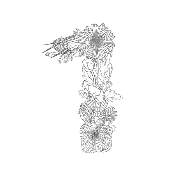 Lineaire zwart op wit floral cijfervormen figuur 1 - Vector, afbeelding
