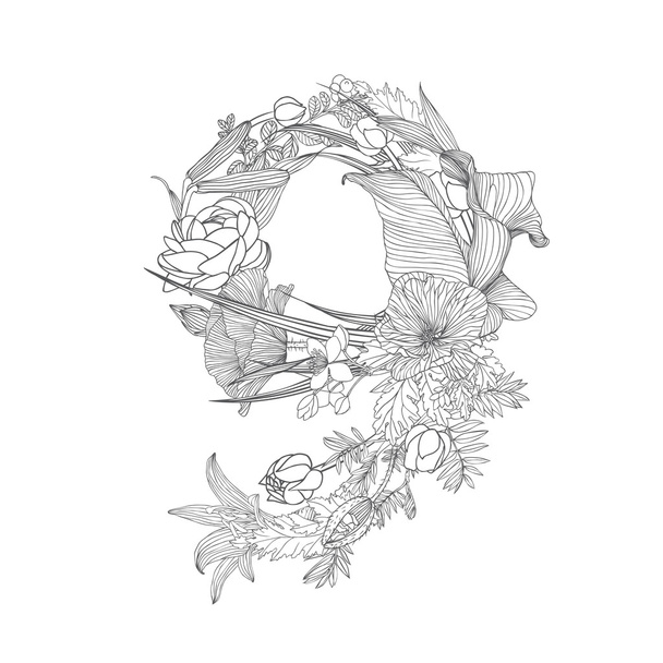 Lineaire zwart op wit floral cijfervormen figuur 9 - Vector, afbeelding