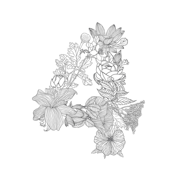 Linear black on white floral numeral figure 4 - Vecteur, image