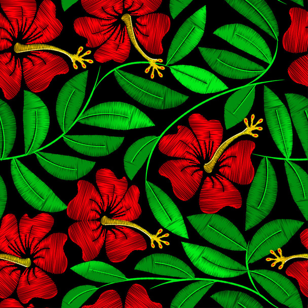 Tropical embroidery hibiscus plant in a seamless pattern - Vector, Image
