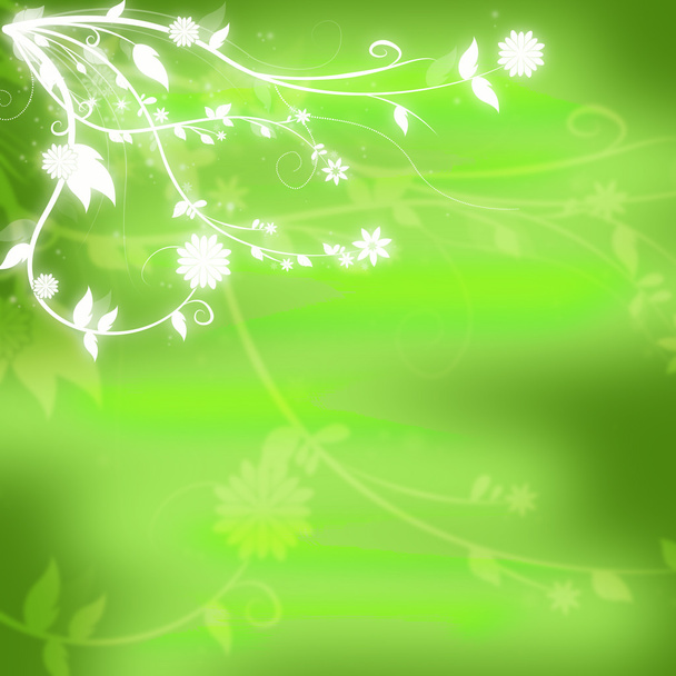 original green textured background with glowing white flowers in the corner - Zdjęcie, obraz