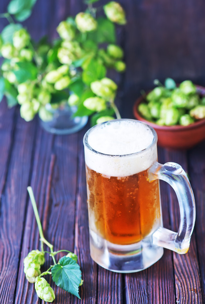 beer in glass and fresh hops - Foto, Imagen