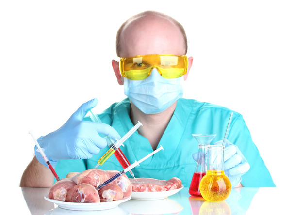 Scientist injecting GMO into the meat - Φωτογραφία, εικόνα