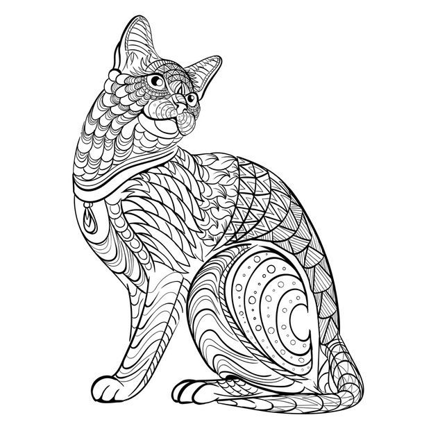 Handgezeichnetes Tuschmuster. Malbuch Färbung für erwachsene Katze - Vektor, Bild