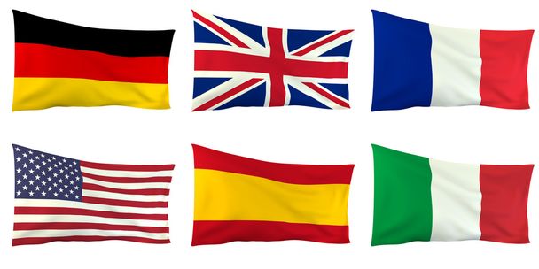 flagi z sześciu krajów – Niemiec, Wielkiej Brytanii, Francji, usa, Włochy i Hiszpania - Zdjęcie, obraz