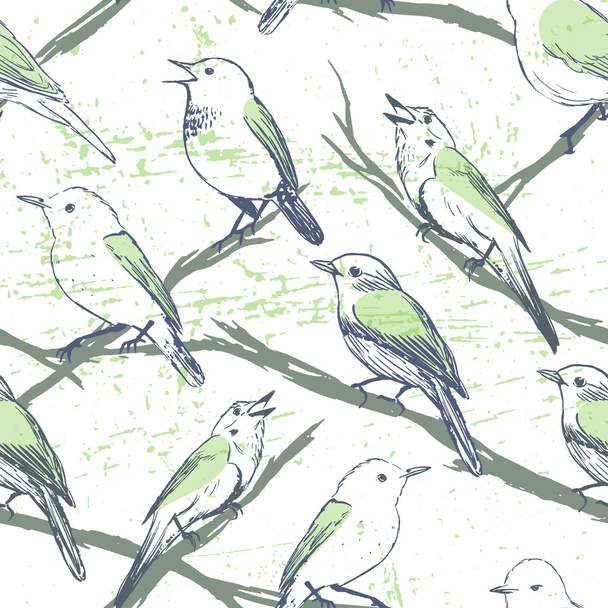 Śpiew ptaków bezszwowe wzór/atrament ciągnione ptaków na drzewie - Wektor, obraz