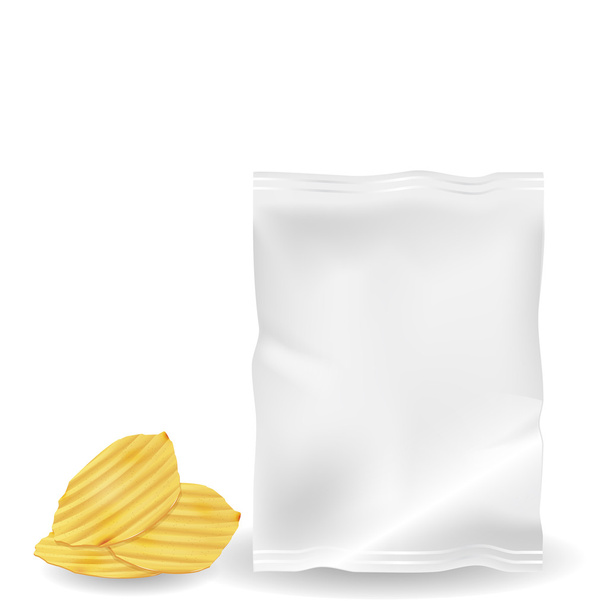 Ілюстрація картопляних чіпсів з маком з фольги білої продовольчої сумки
. - Вектор, зображення