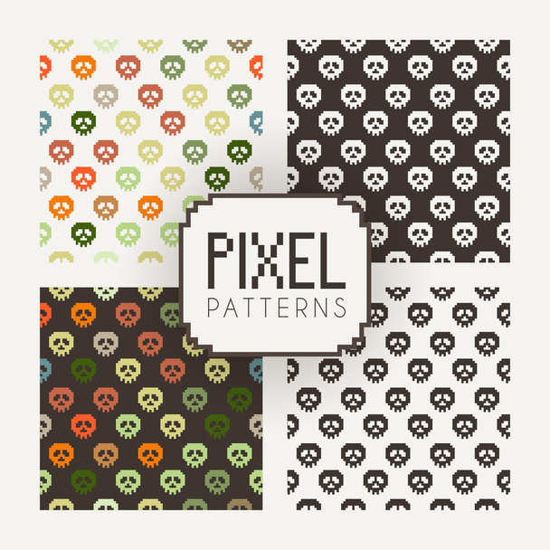 Set of vector seamless colorful and monochrome patterns of pixel skulls. - Vector, Image
