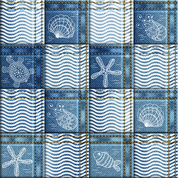 Denim background seamless with sea pattern. Patchwork of denim fabric - Vektor, obrázek