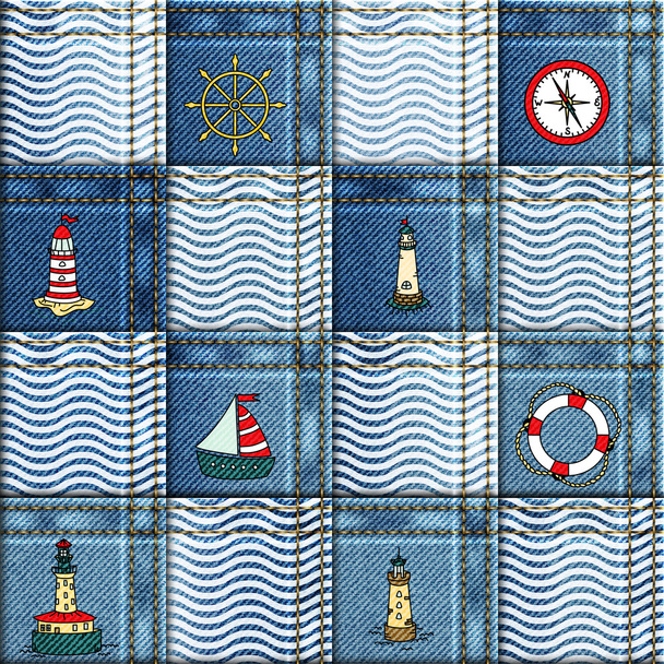 Denim background seamless with sea pattern. Patchwork of denim fabric - Vector, afbeelding