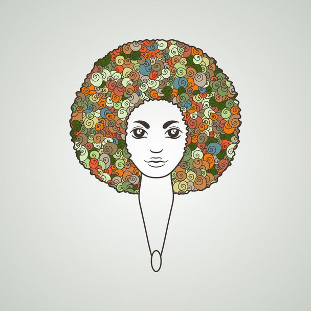 Portré egy nőt, dús haj egy afrikai stílusban. Vektor. A minták a hajban. - Vektor, kép