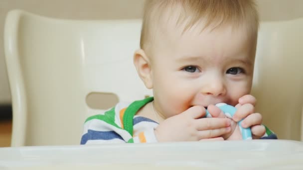 Joyful baby boy sitting in a chair, smiling, biting toy - Footage, Video