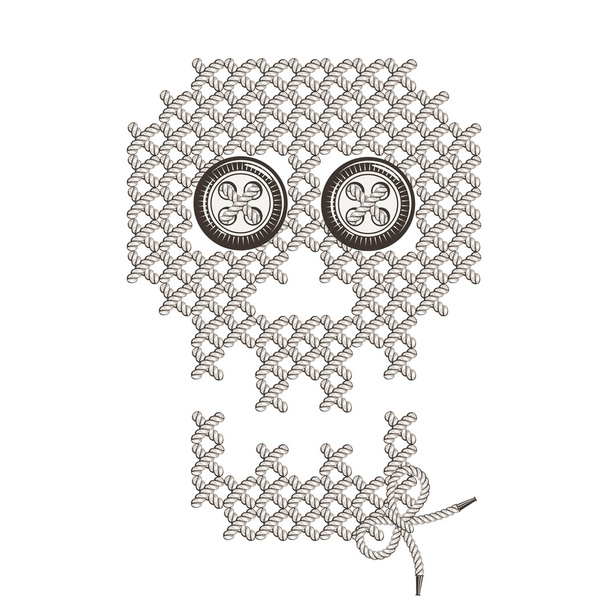 Иллюстрация с изображением вязанного, сотканного, вышитого черепа с глазными кнопками. Макрам
. - Фото, изображение
