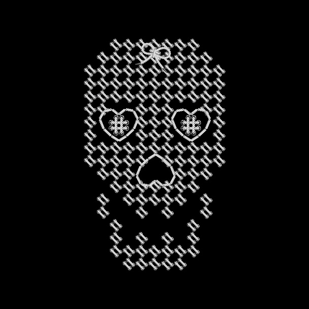 Vector illustration with the image of knit woven, embroidered skull. Macrame. - Vektor, obrázek
