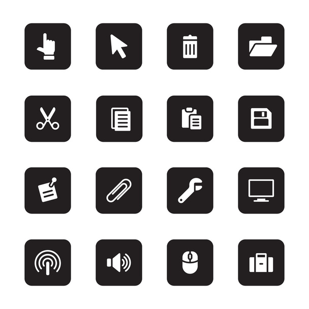 black flat computer and technology icon set on rounded rectangle - Vector, Image